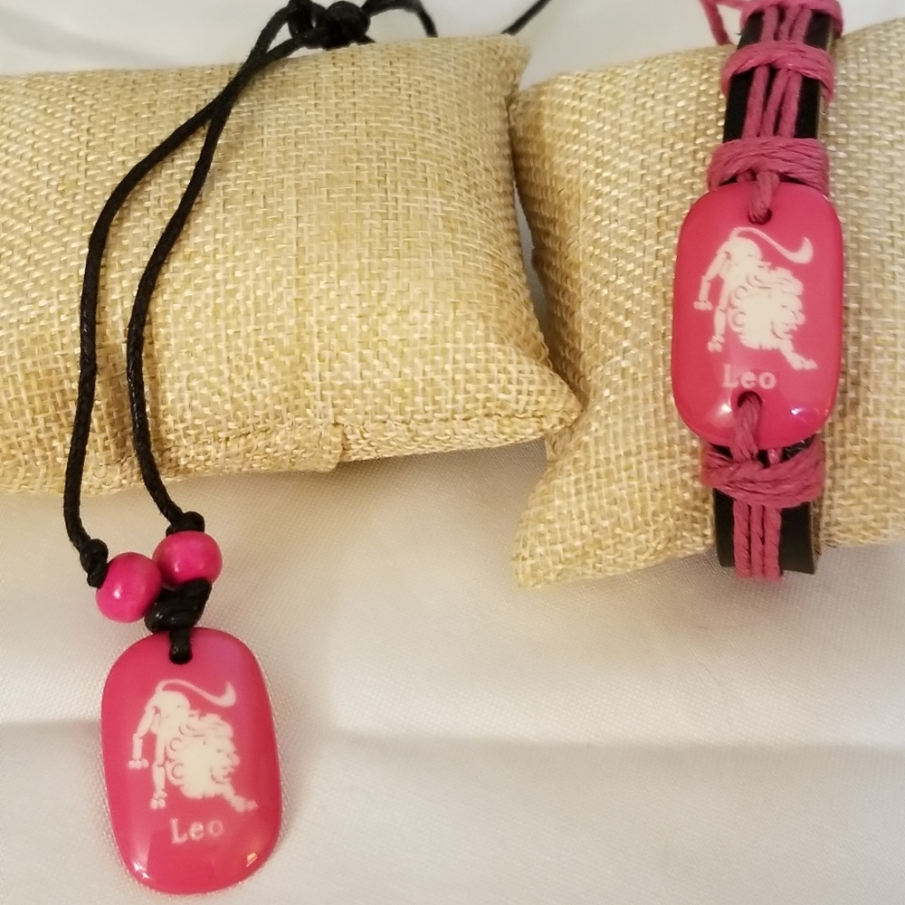 Leo Horoscope Sign Bracelet and Necklace Pink Rope